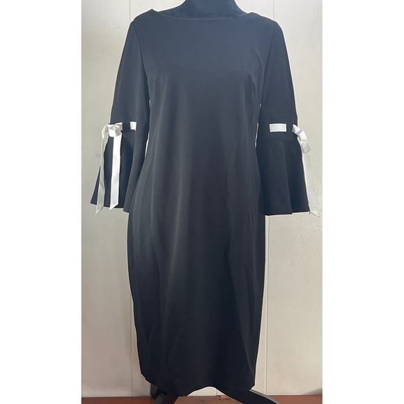 Calvin Klein Black Bell Sleeve Dress White Ribbon Women's Size 12 emo goth - Picture 1 of 8